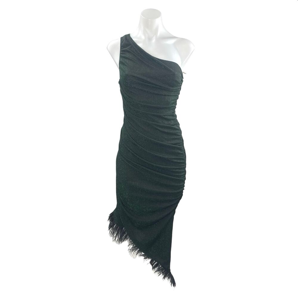 NEW Saylor Hilaria Feather Metallic Ribbed Knit Ruched Midi Bodycon Dress Sz XS